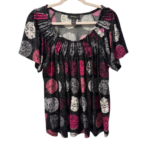 Style & CoBlouse 1X Black Multicolor Polka Dot Stretch Top Short Sleeve - Picture 1 of 12
